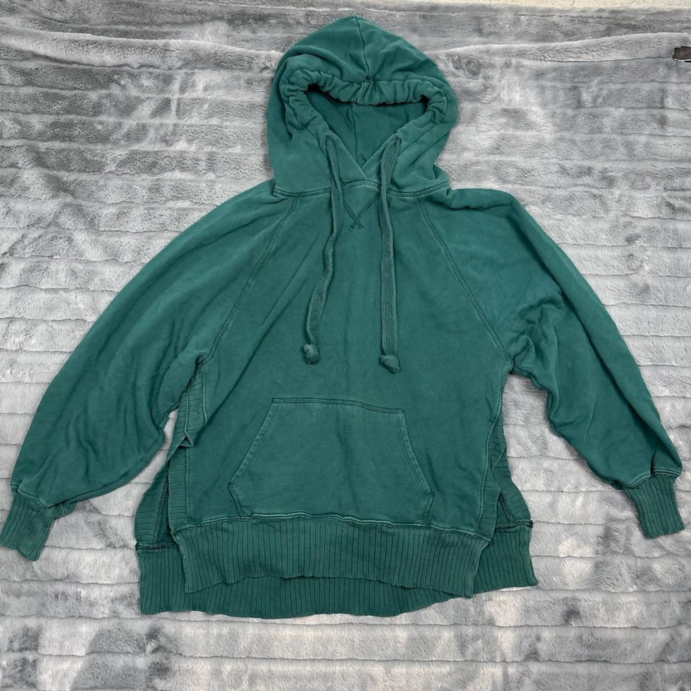 American Eagle Mens Green Fleece Hoodie Raglan Sleeve Side Slit Sweatshirt M